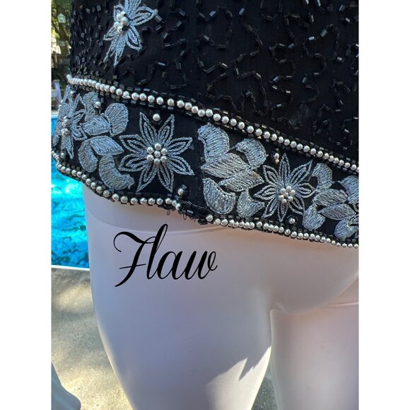 Vintage Black Beaded & Silver Floral Embroidered Short-Sleeve Top With Intricate - Picture 6 of 12